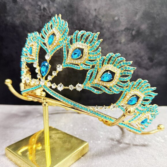 Gold Crystal Crown, Peacock Crown, Blue Crystal Tiara, Homecoming Prom Headpiece - Picture 2 of 8